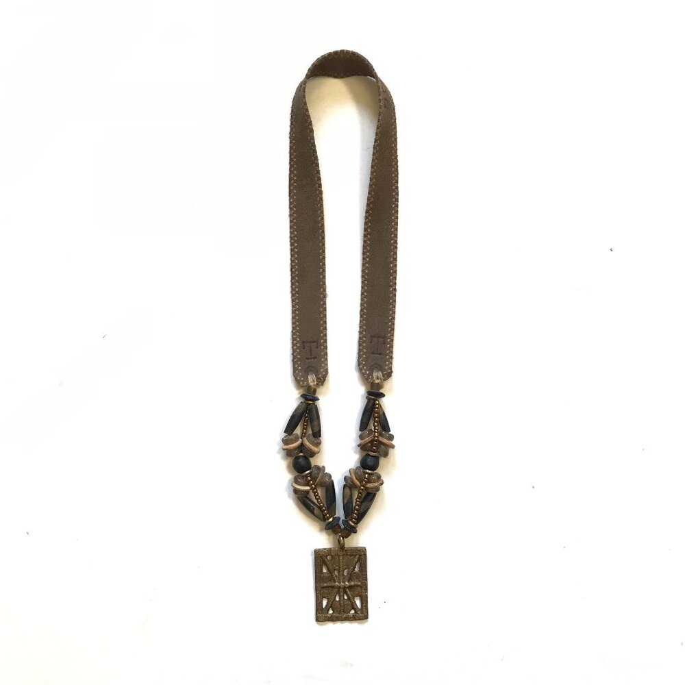 Twine & Twig Medallion Tribal Beaded Necklace Womens Suede Strap Brown Bronze
